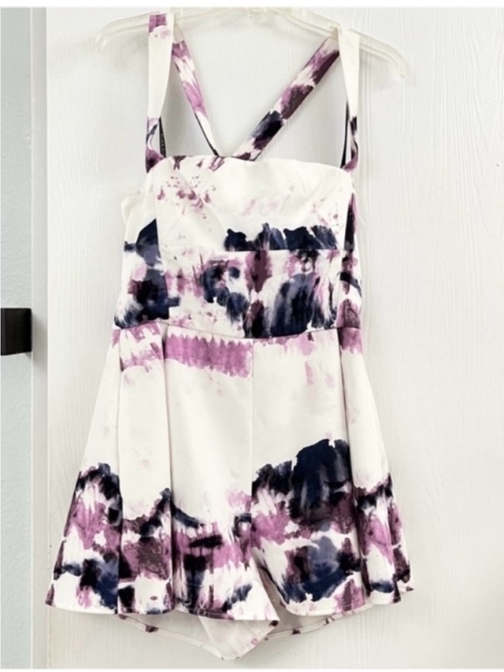 Black Halo Women’s White Dress with Purple and Navy Tie-Dye